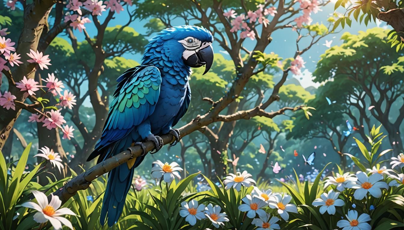 Blue Macaw in Colorful Tree: 3D Anime Art