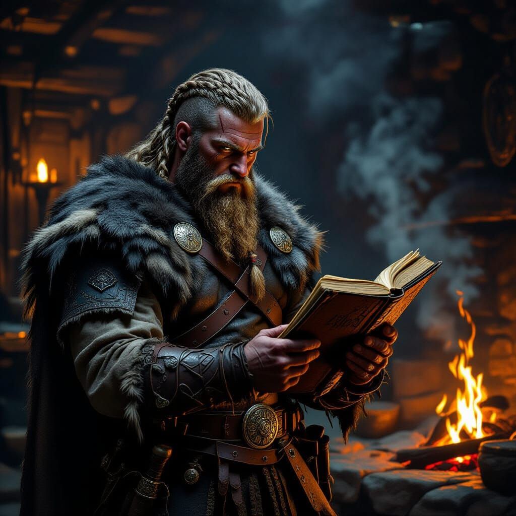 Viking Warrior in Smoky Tavern, Clutching Ancient Tome