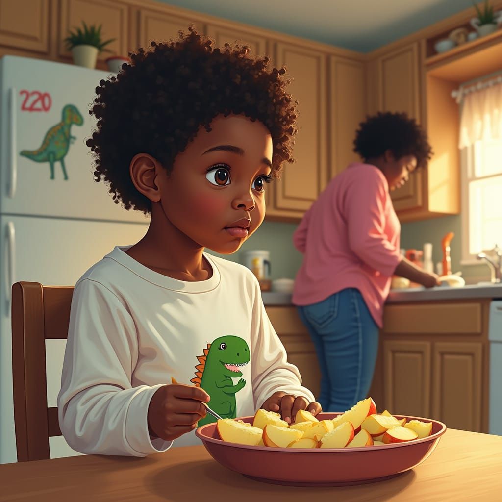 Boy Lost in Thought: A Vibrant Kitchen Scene