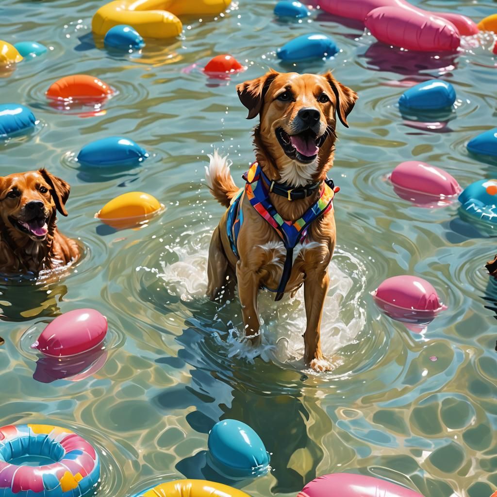 Dog's Summer Splash: Vibrant Oil Painting in Triadic Colors