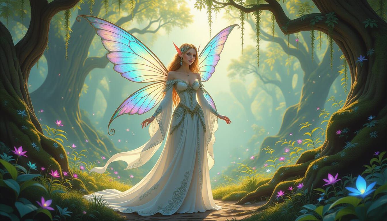 Ethereal Faerie in Sun-Dappled Enchanted Forest