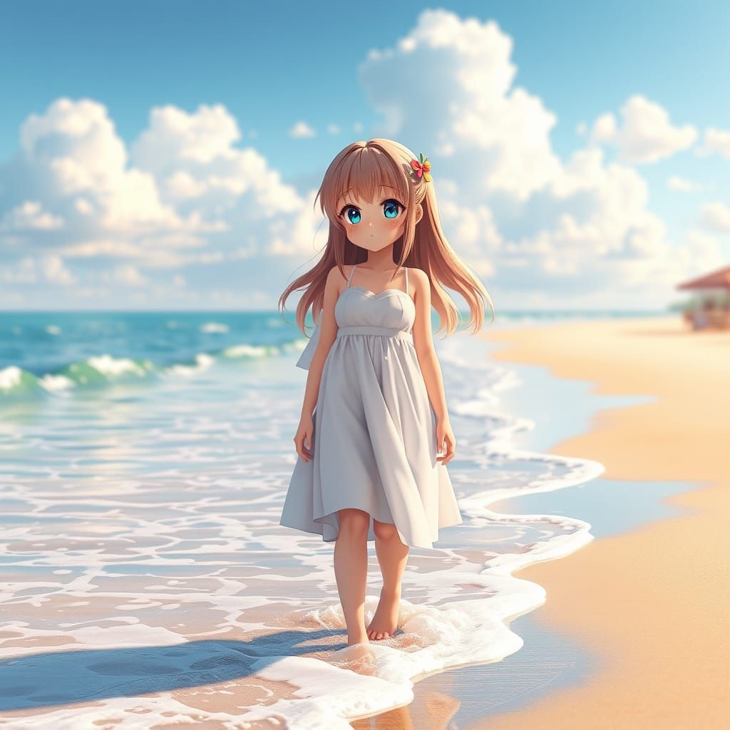 Cute Anime Girl on Sun-Drenched Beach in 3D Style