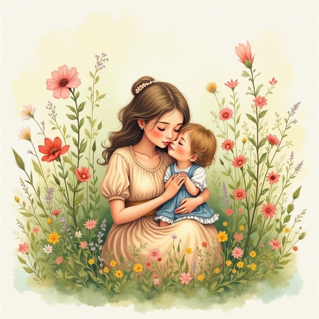 Watercolor Mother in Whimsical Garden