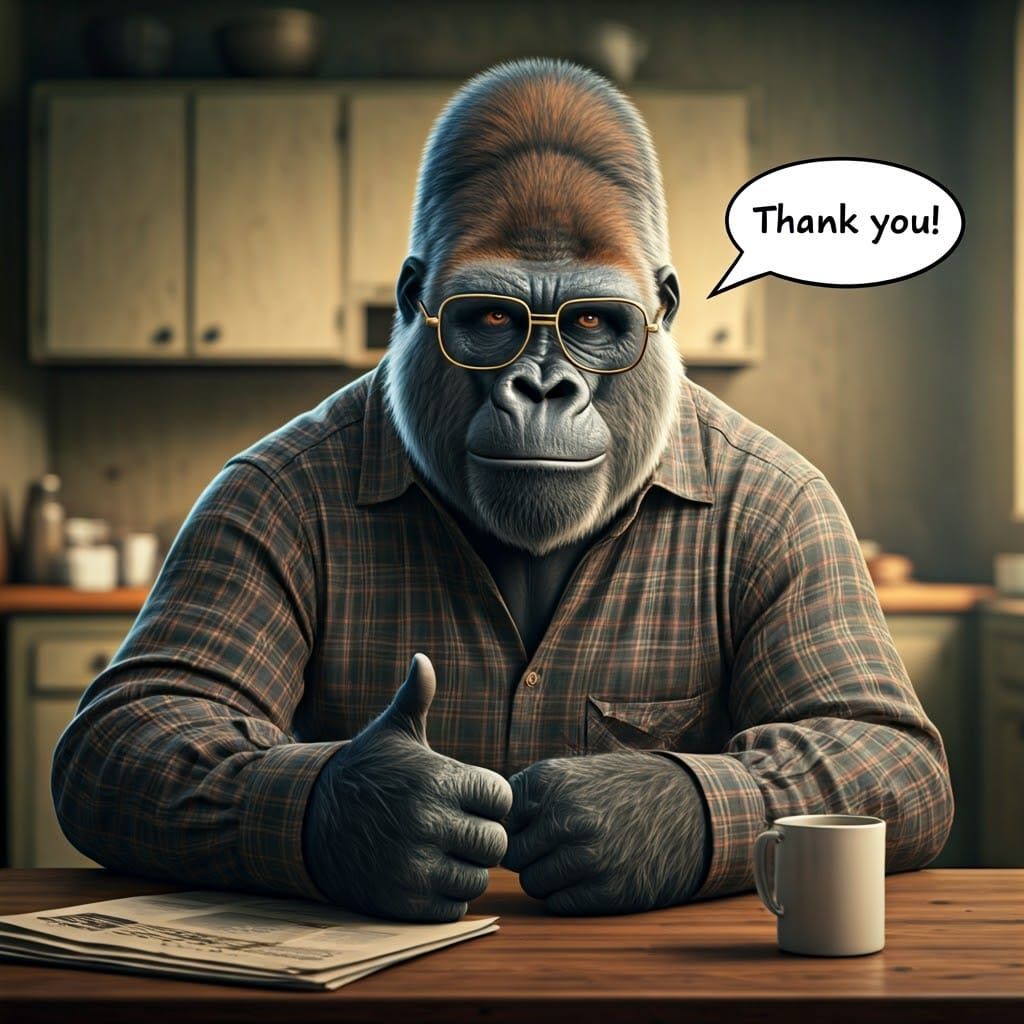 A Wise Gorilla Gives a Thumbs Up in a Cozy Old Kitchen