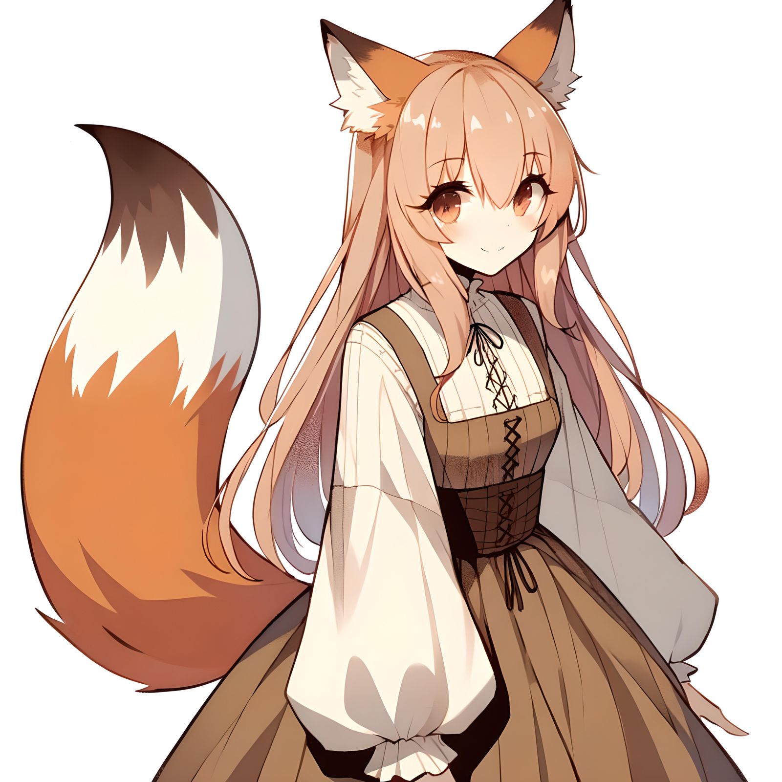 Anime Fox-Girl with Bushy Tail in Folklore Style