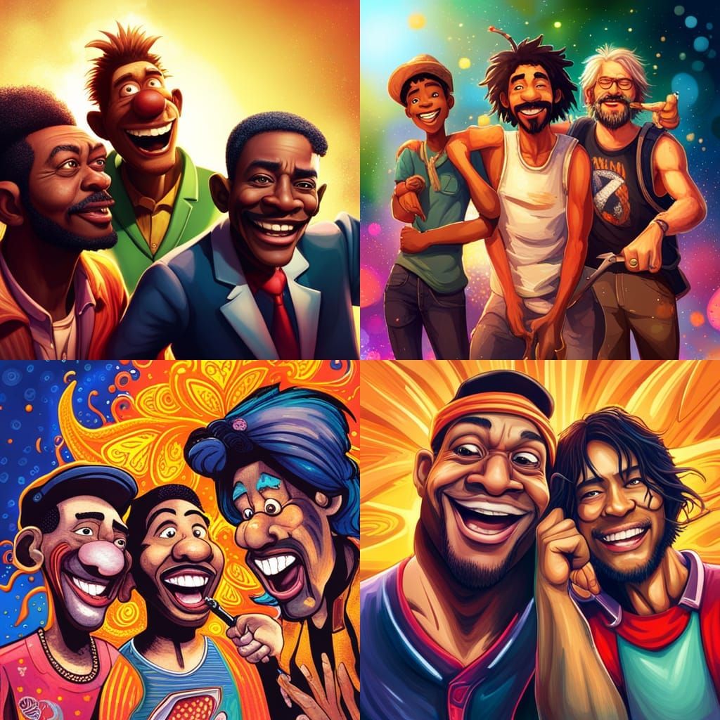 Cartoon Hippie Friends Laughing in Hyperrealistic Style