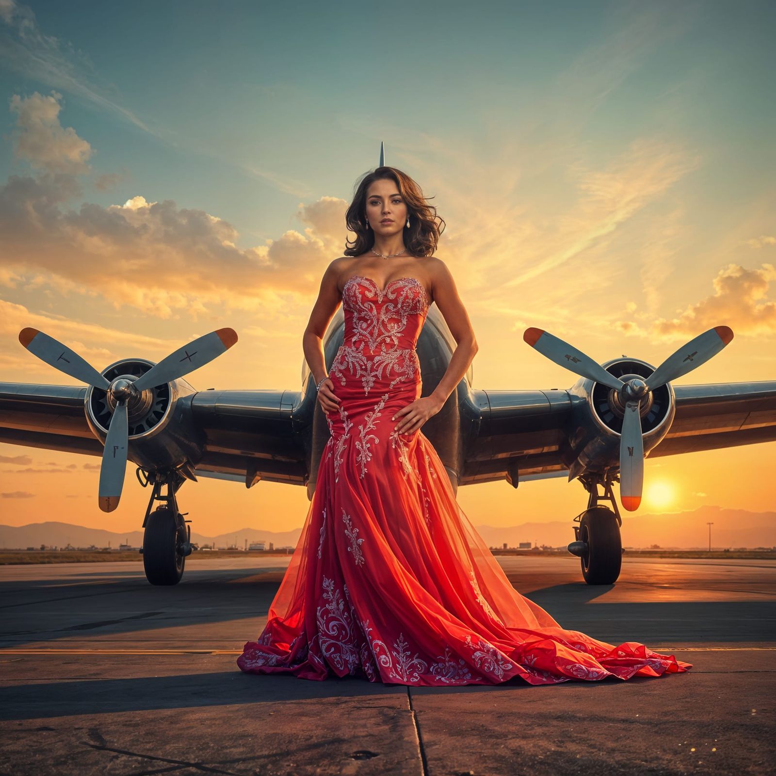 Airplane on the Runway in Elegant Evening Gown