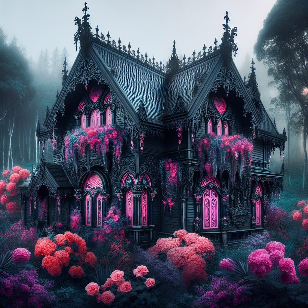 Enchanted Gothic Manor with Pink Floral Accents