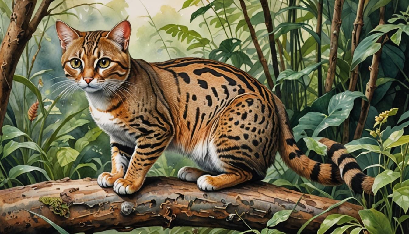 Rusty-Spotted Cat in Romantic Watercolor Art Deco Style
