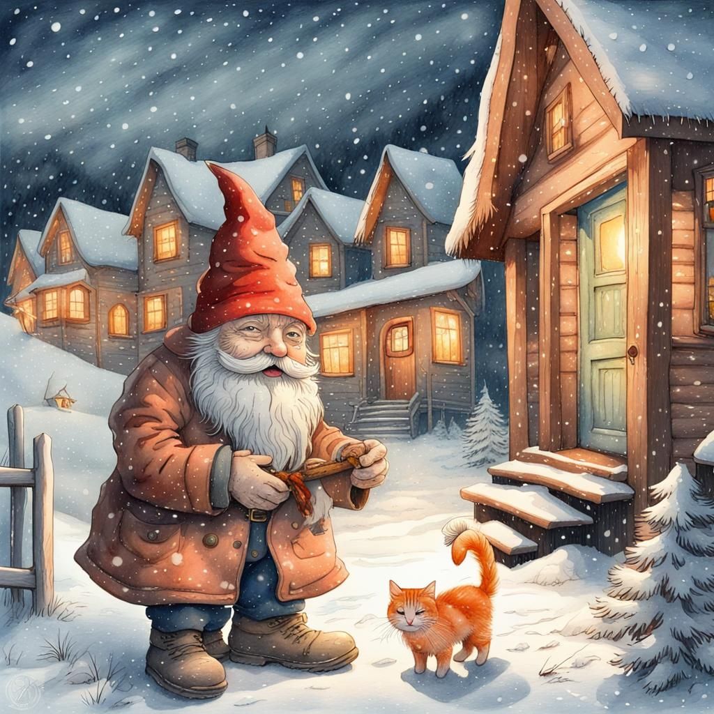 Gnome and Cat in Snowy Christmas Eve, Watercolor Style