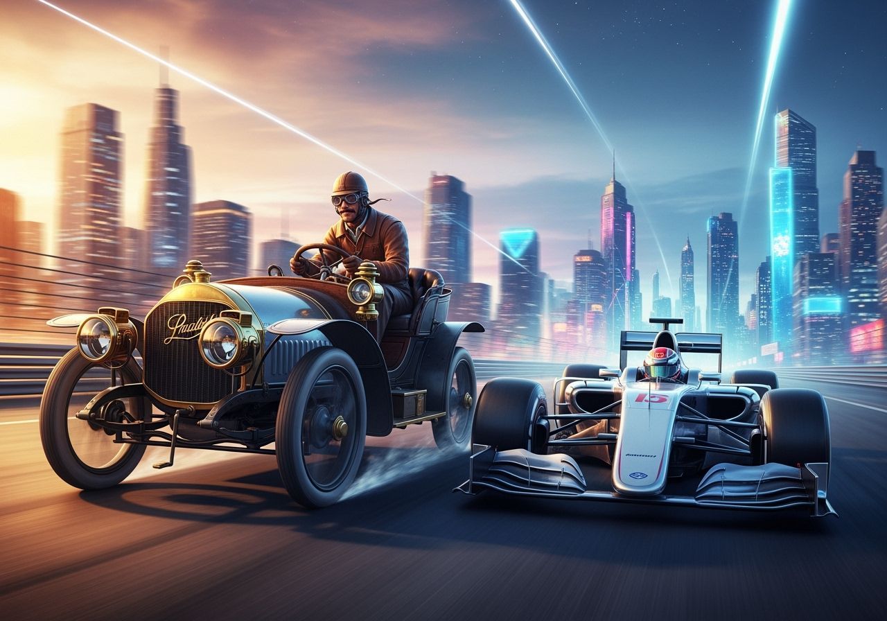 Vintage Racer vs. F1 Car on Futuristic Racetrack