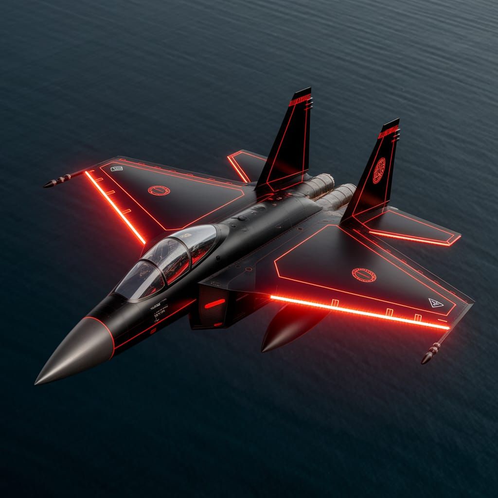Midnight Raven Fighter Soars Over Dark Ocean