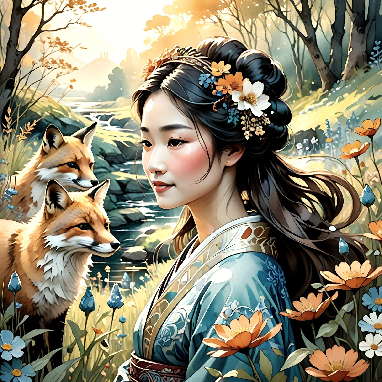Watercolour Masterpiece of a Gentle Geisha and Fox in a Wild...