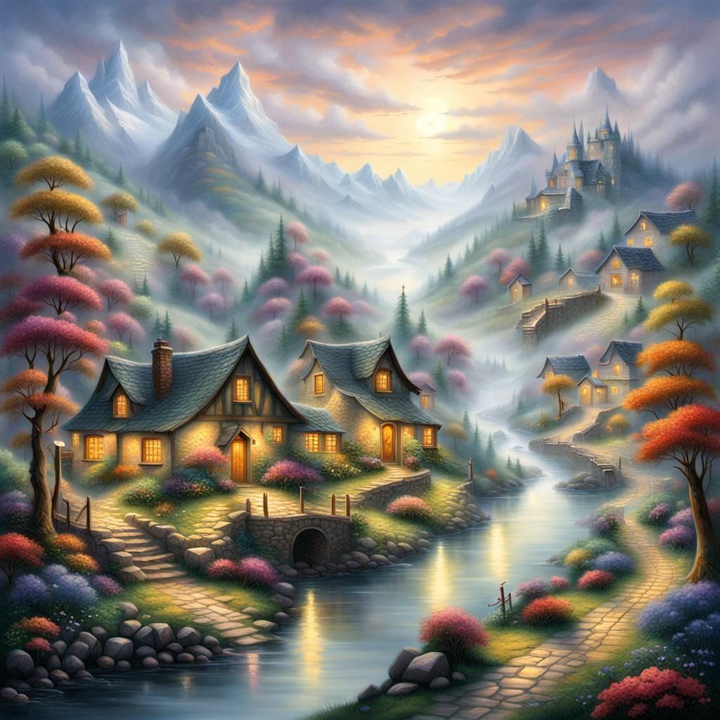 Mystical Foggy Village Surrounded by Mountains