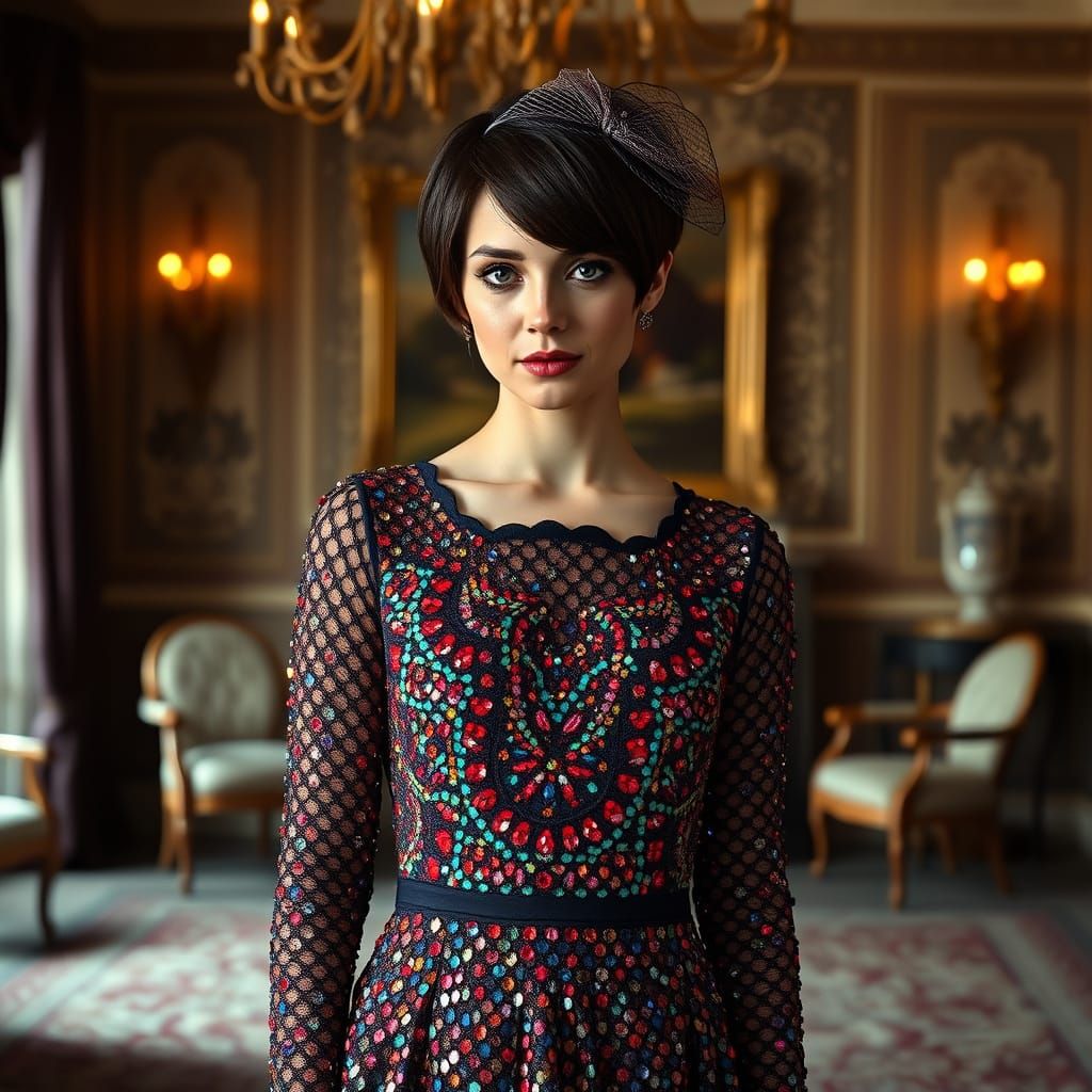 Woman in Knit Crystal Dress in Ornate Parlor