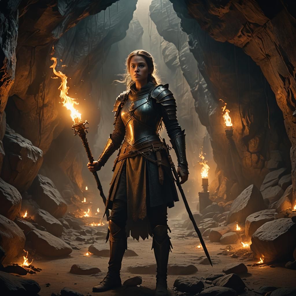 Medieval Warrior Girl in Cave: Cinematic Digital Painting