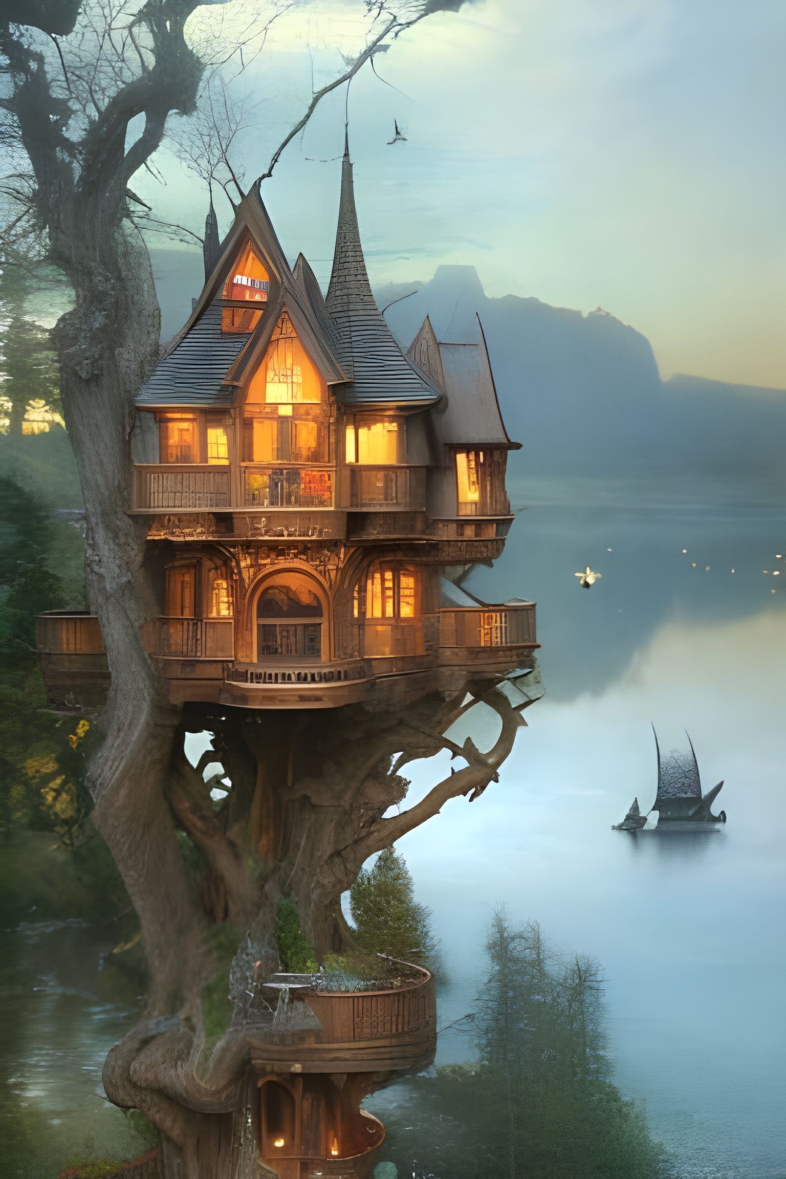 Epic Treehouse Castle at the Lake: Oil Painting