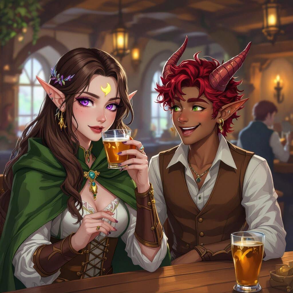 Elf Woman and Dragon-Horned Man in Anime Style