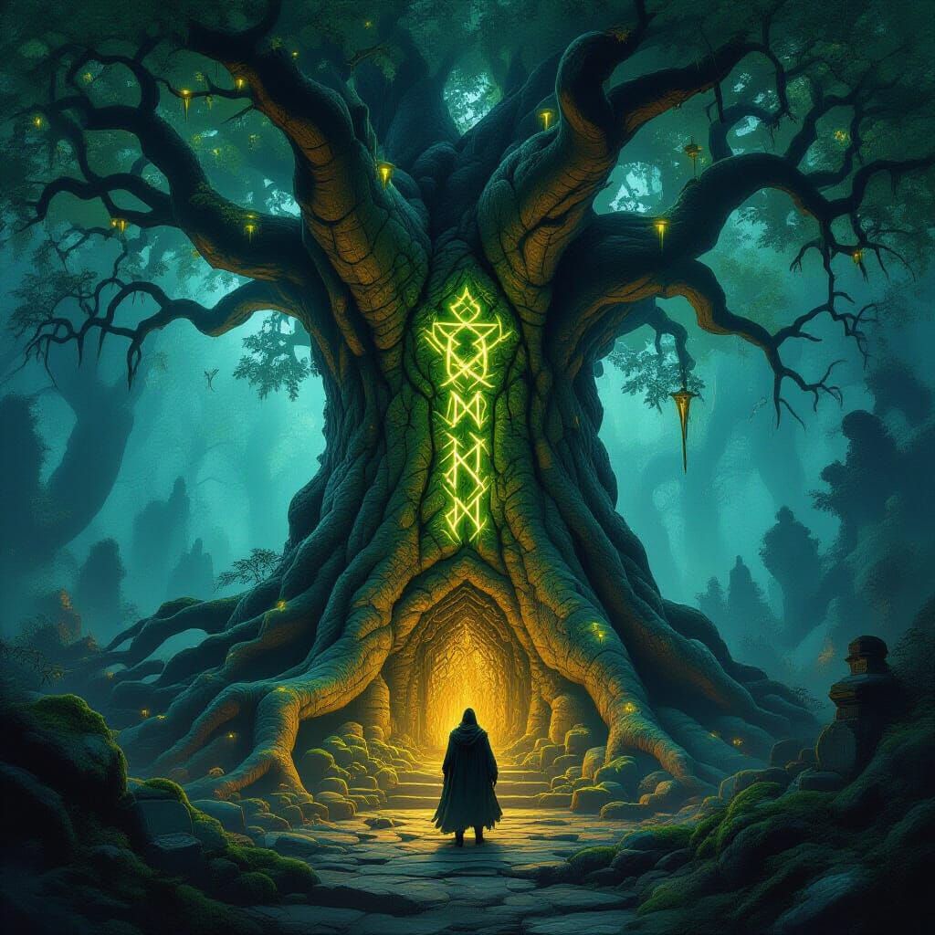 Ancient Tree Sanctuary for Sorcerer in Dark Fantasy Style