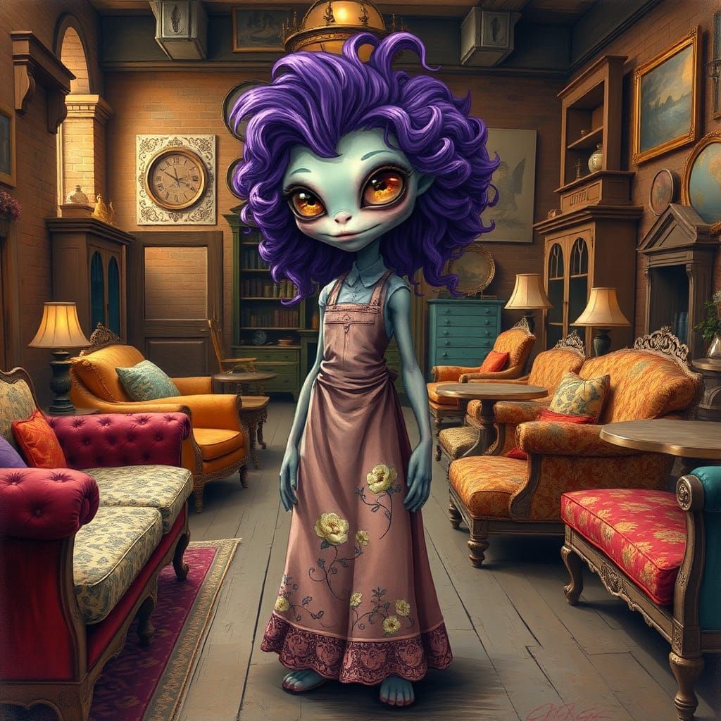Whimsical Alien in a 19th-Century Furniture Store