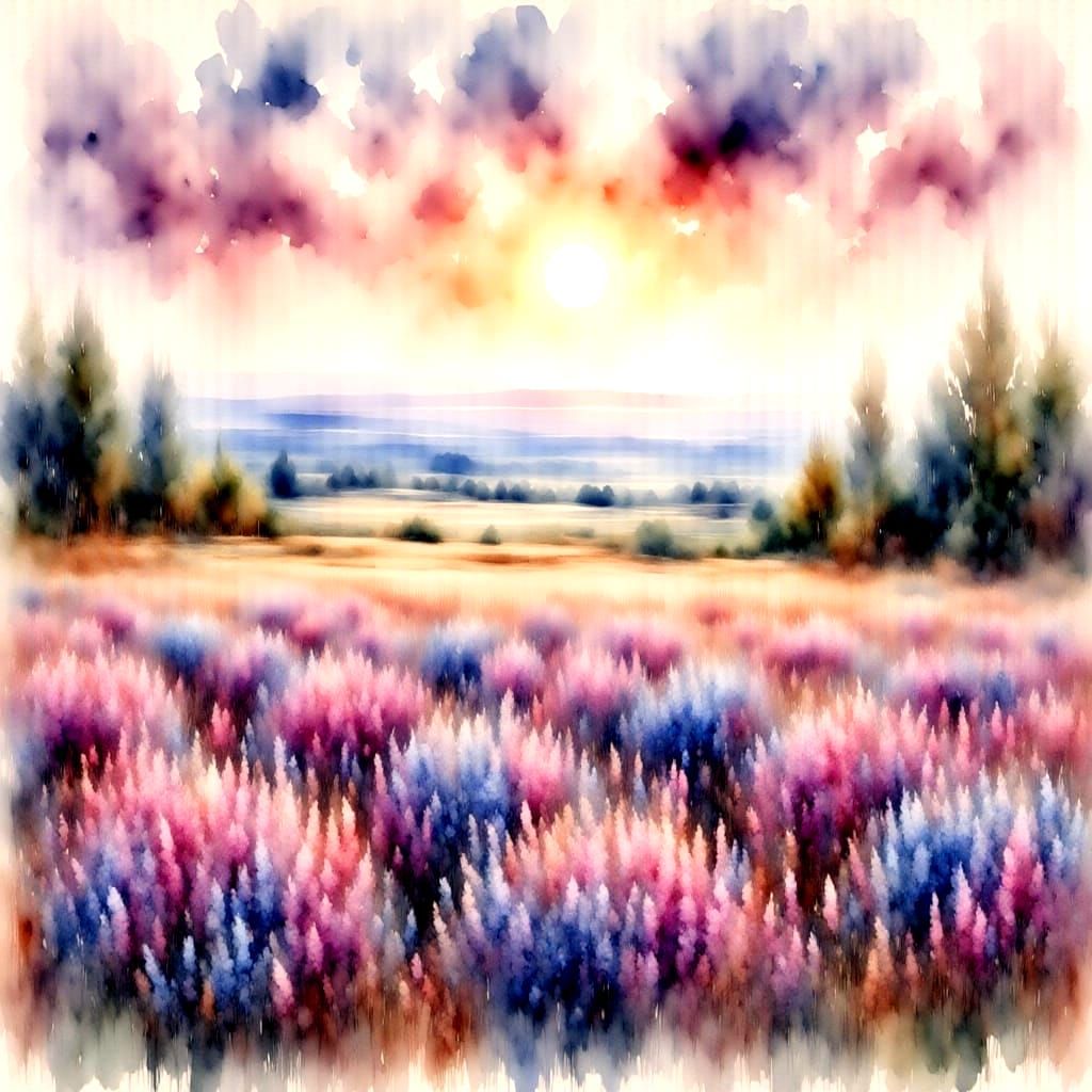 Lavender Fields under Pink Sky: Watercolor Painting