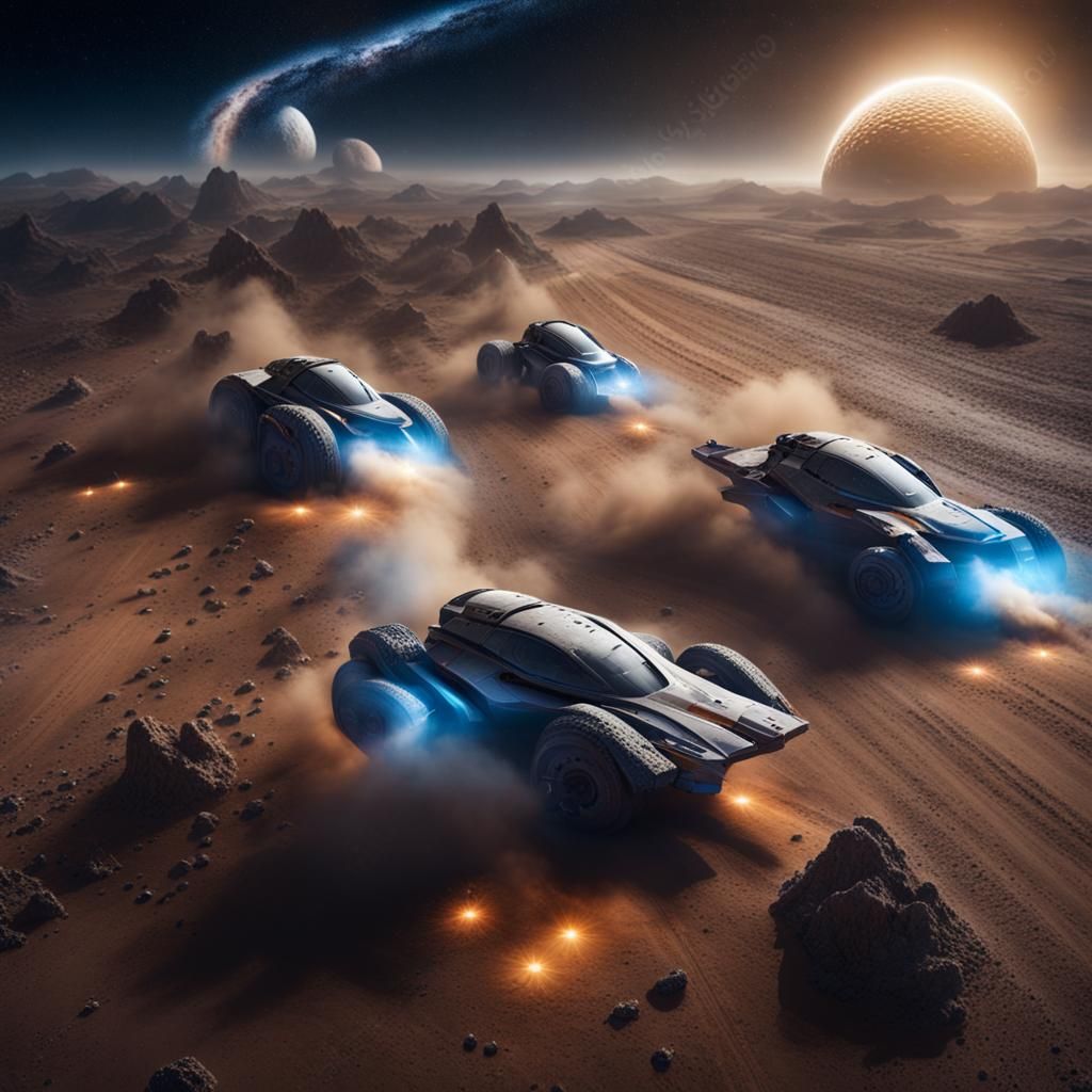 Futuristic Race on Barren Asteroid at Night
