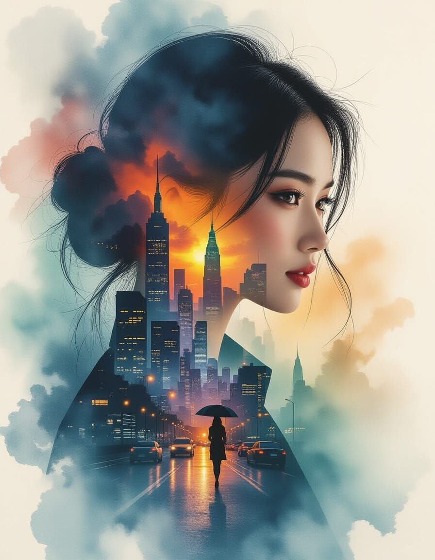 Double Exposure Asian Beauty Portrait with Cityscape