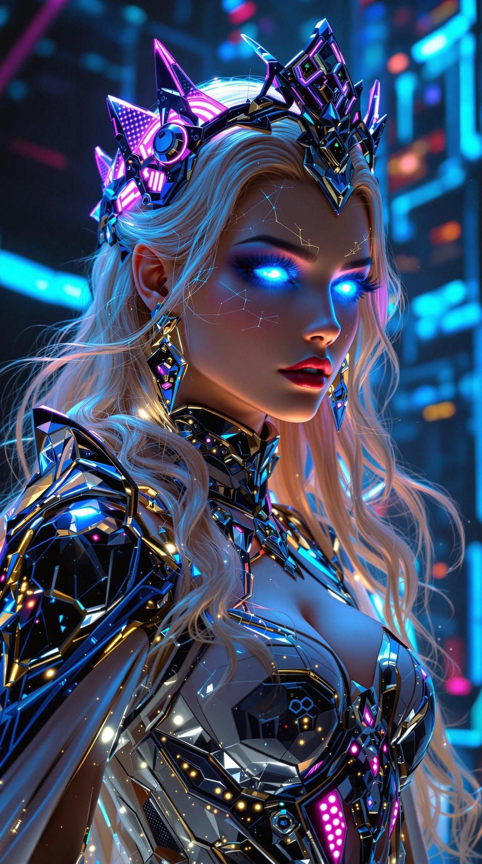 Futuristic Queen in Chrome Throne Room, Digital Art