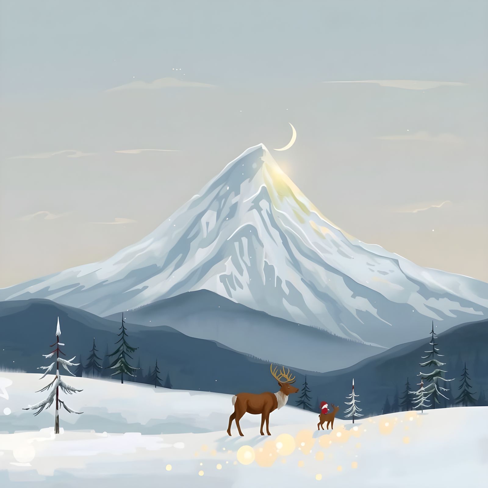 Winter Wonderland with Glowing Christmas Lights and Reindeer