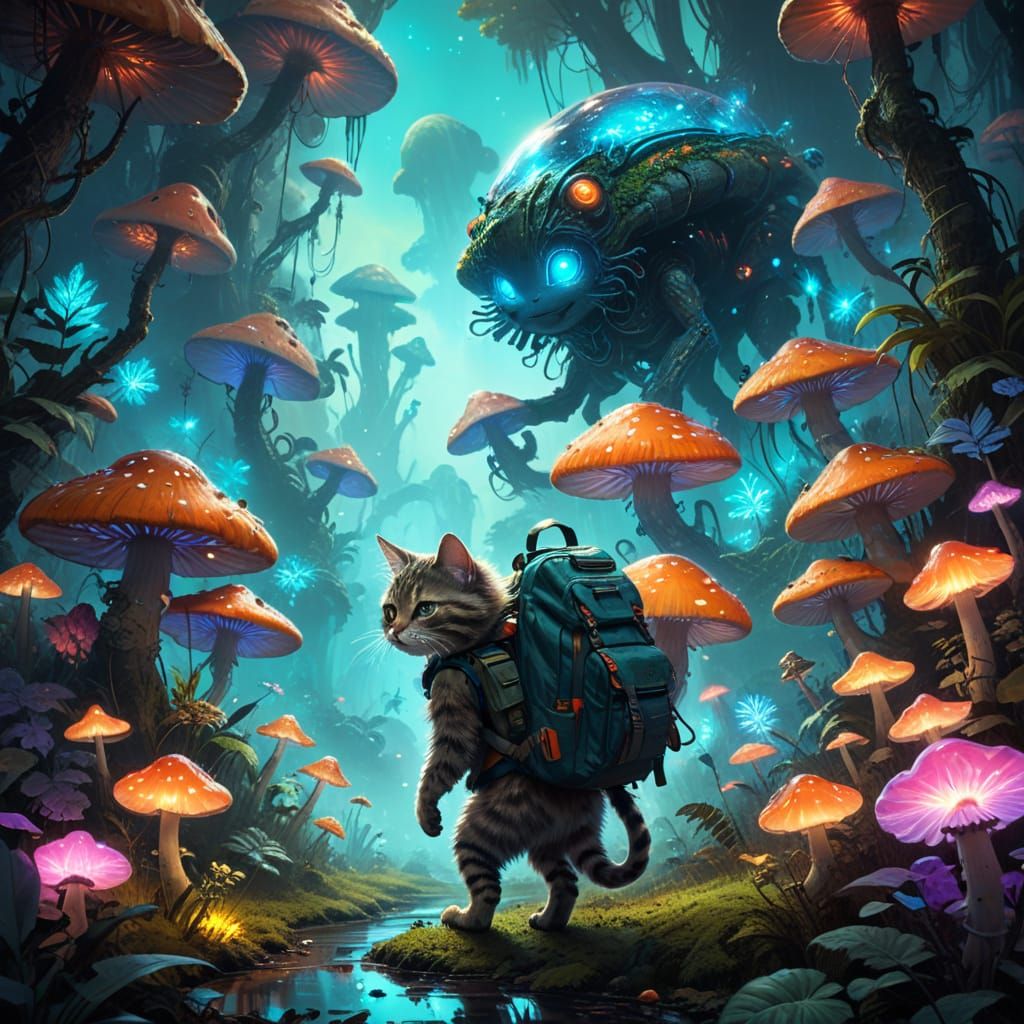 Whimsical Alien Feline Explores Glowing Jungle