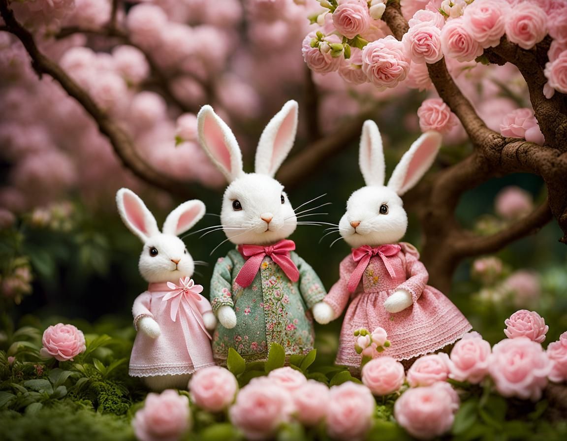 String Rabbit Dolls Under Blooming Tree, Whimsical Macro