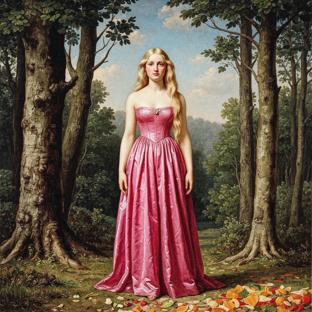 Woman in Pink Dress in Woods, Food Scrap Collage Art