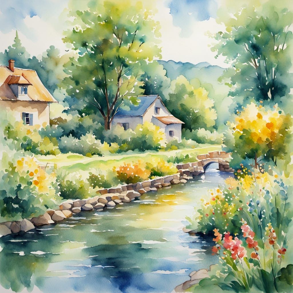 Impressionistic Village Garden in Watercolor Painting