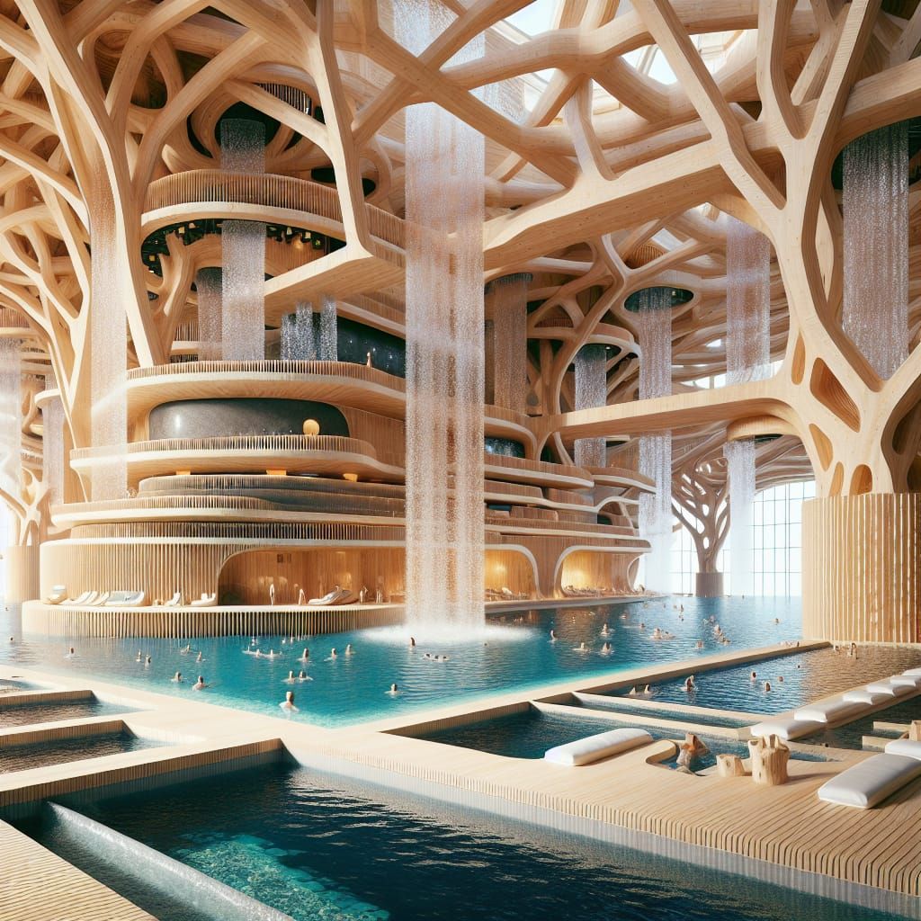 Futuristic Timber Bathhouse with Flowing Water