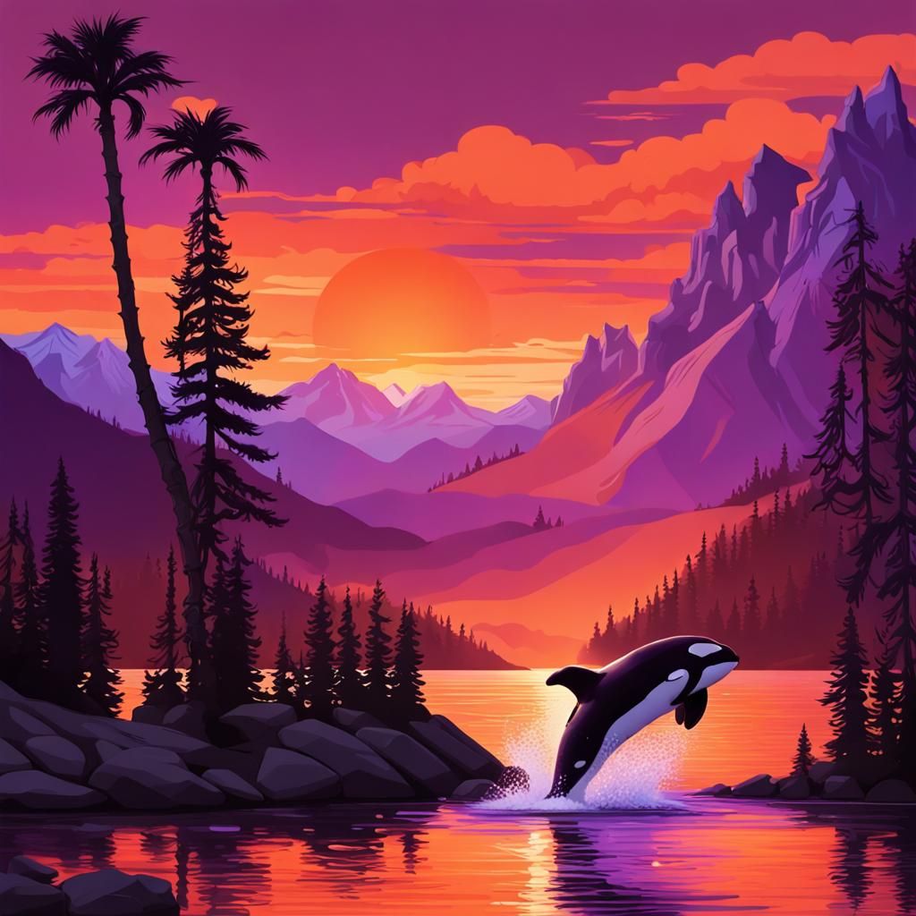 Surreal Mountain Sunset with Orca