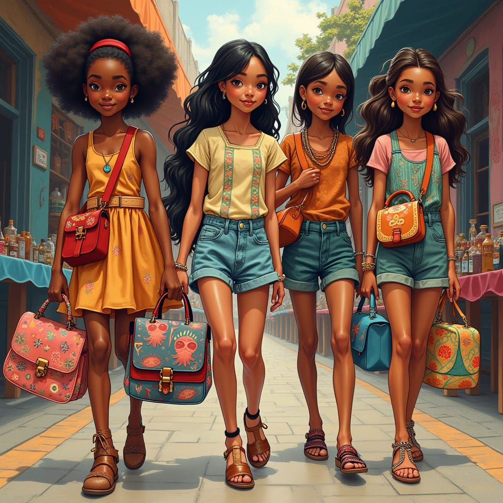 Diverse Women and Girls with Unique Handbags in Lively Marke...