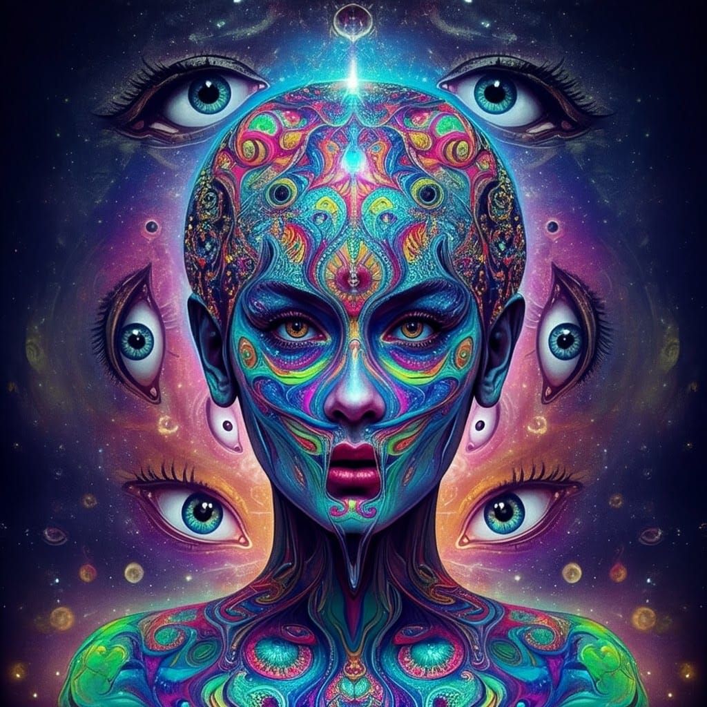 Psychedelic Melting Figure in Ethereal Eye Background