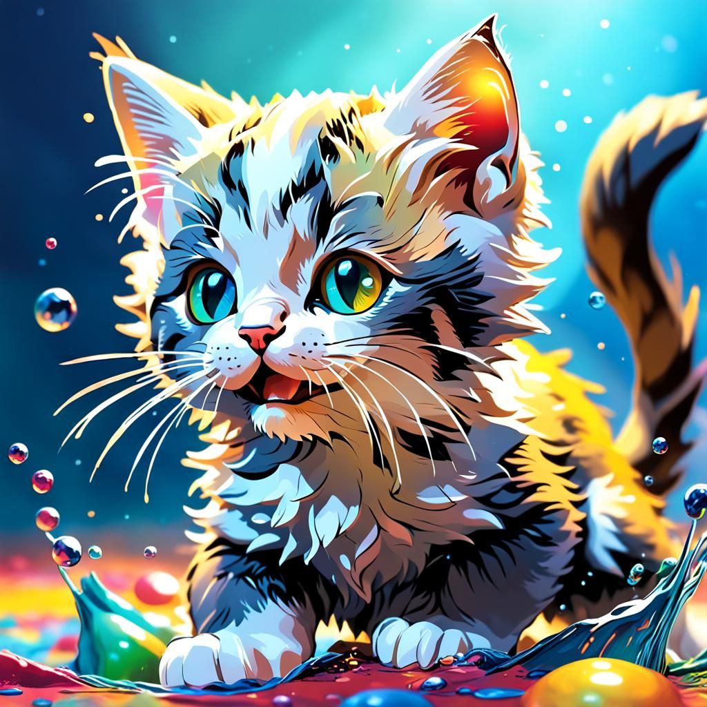 Kitten Plays with World: Hyperrealistic Splash Art