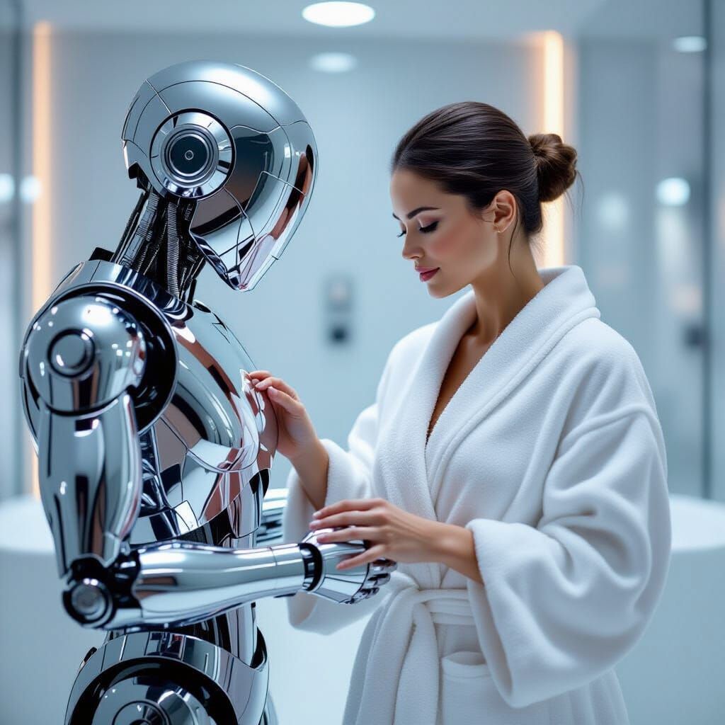 Futuristic Robot Assists Woman in Spa Setting