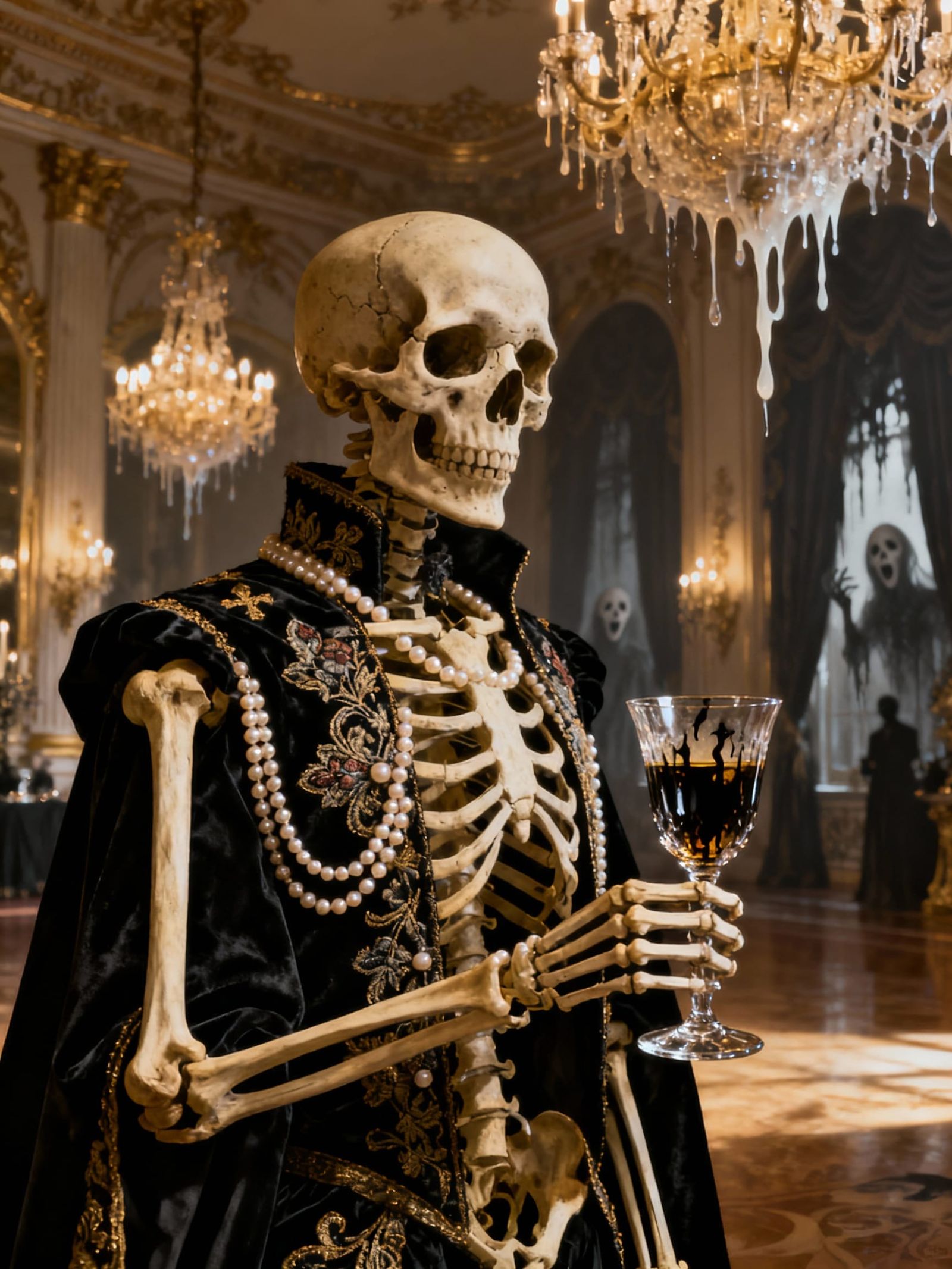 Baroque Skeleton in Opulent Ballroom