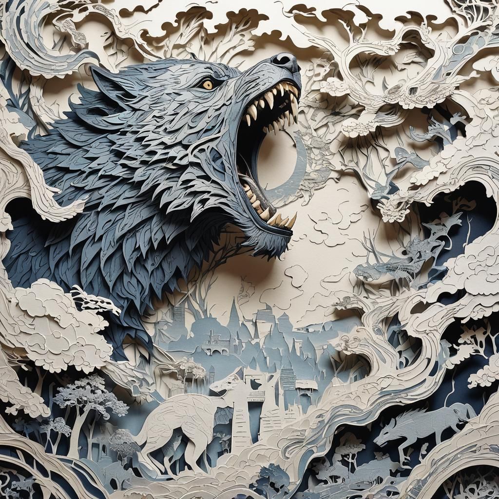 Fenriswolf Devouring World: Paper Cut Silhouette