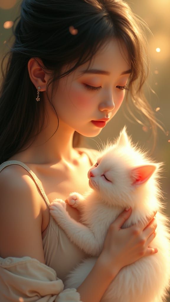 Serene Woman Adores Tiny Spirit Cat with Horn in Dreamy, Fan...