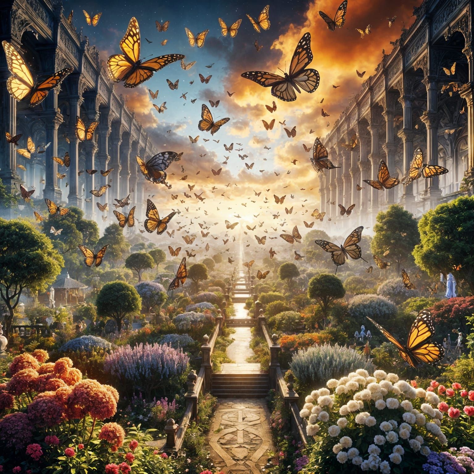 Mechanical Butterflies Over Victorian Garden in Epic Fantasy...