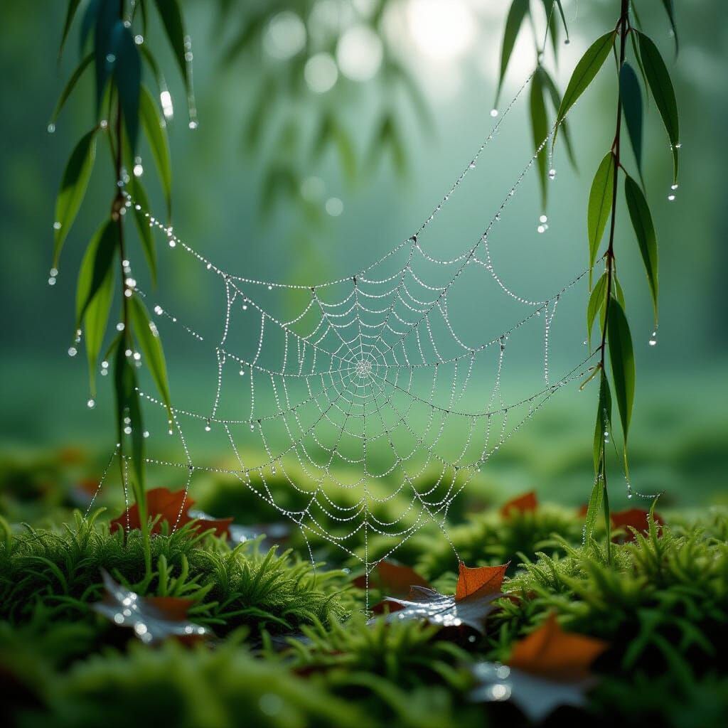 Dew-Kissed Spiderweb in Misty Forest: Hyperrealistic Image
