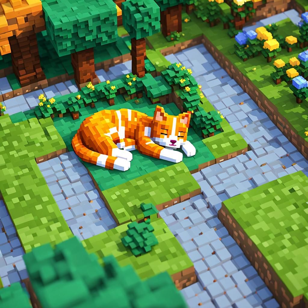 Voxel Ginger Cat Sleeping in Minecraft Garden