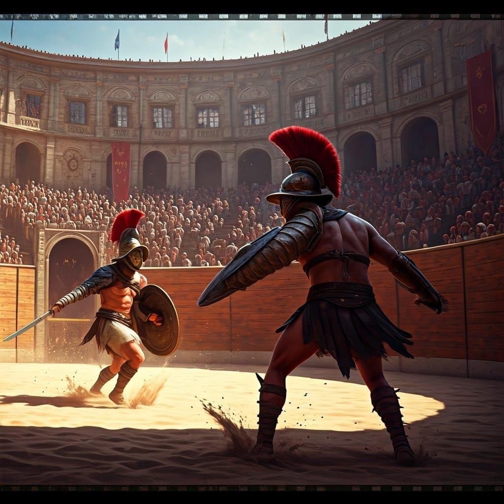 Gladiators Clash in a Roman Arena: Cinematic Still