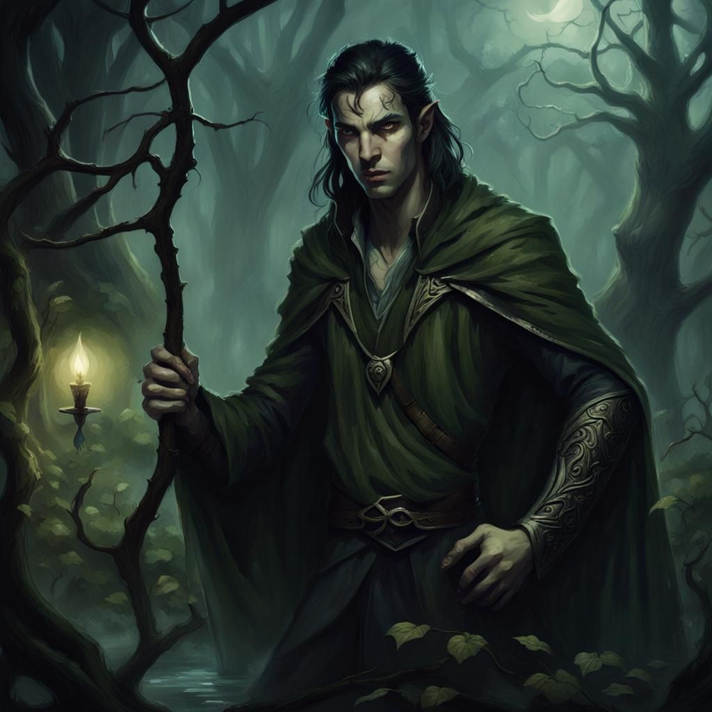 Elven Mage in Grungy Dark Fantasy Swamp