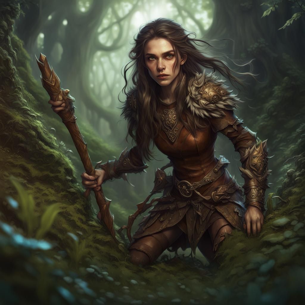 Cautious Half-Elf Druid Crawling in Undergrowth