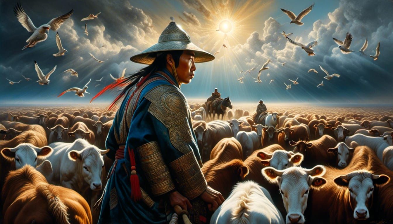 Mongolian Herdsman in Heavenly Light: Detailed Painting