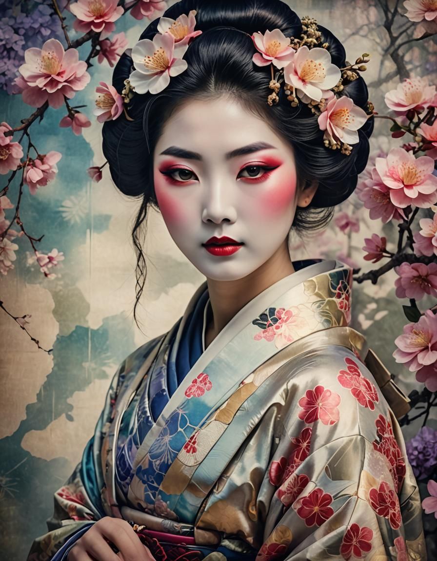 Elegant Geisha Double Exposure in Vintage Tones